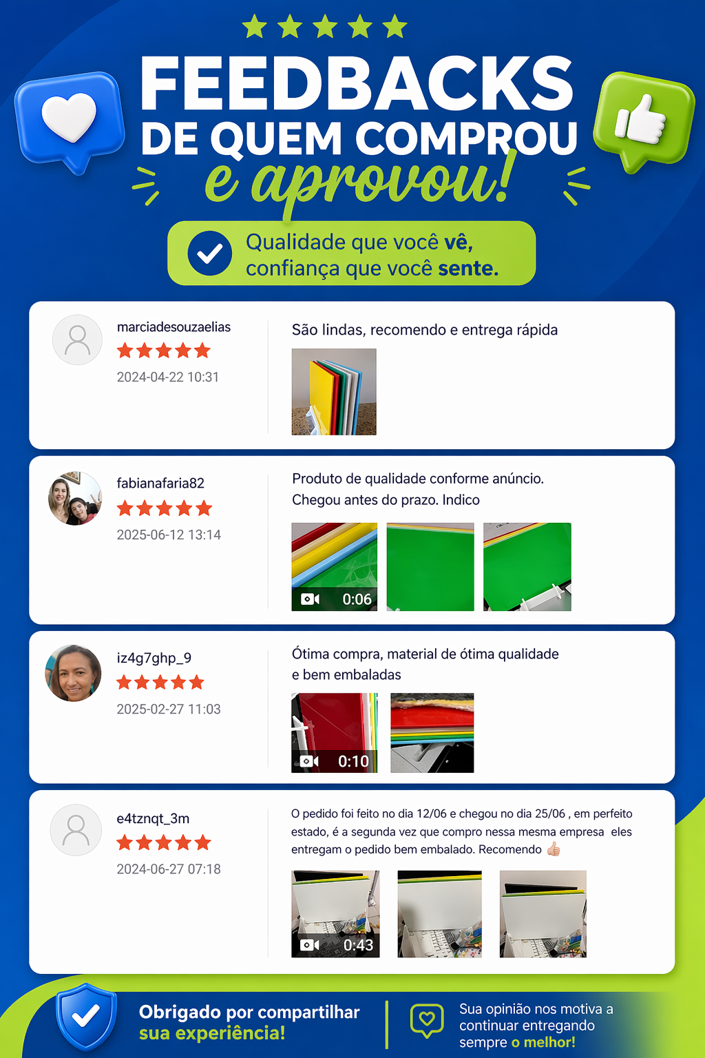 KIT DE 6 TÁBUAS DE CORTE LISAS - CORES ANVISA - 10mm X 30cm X 50cm - C/ SUPORTE