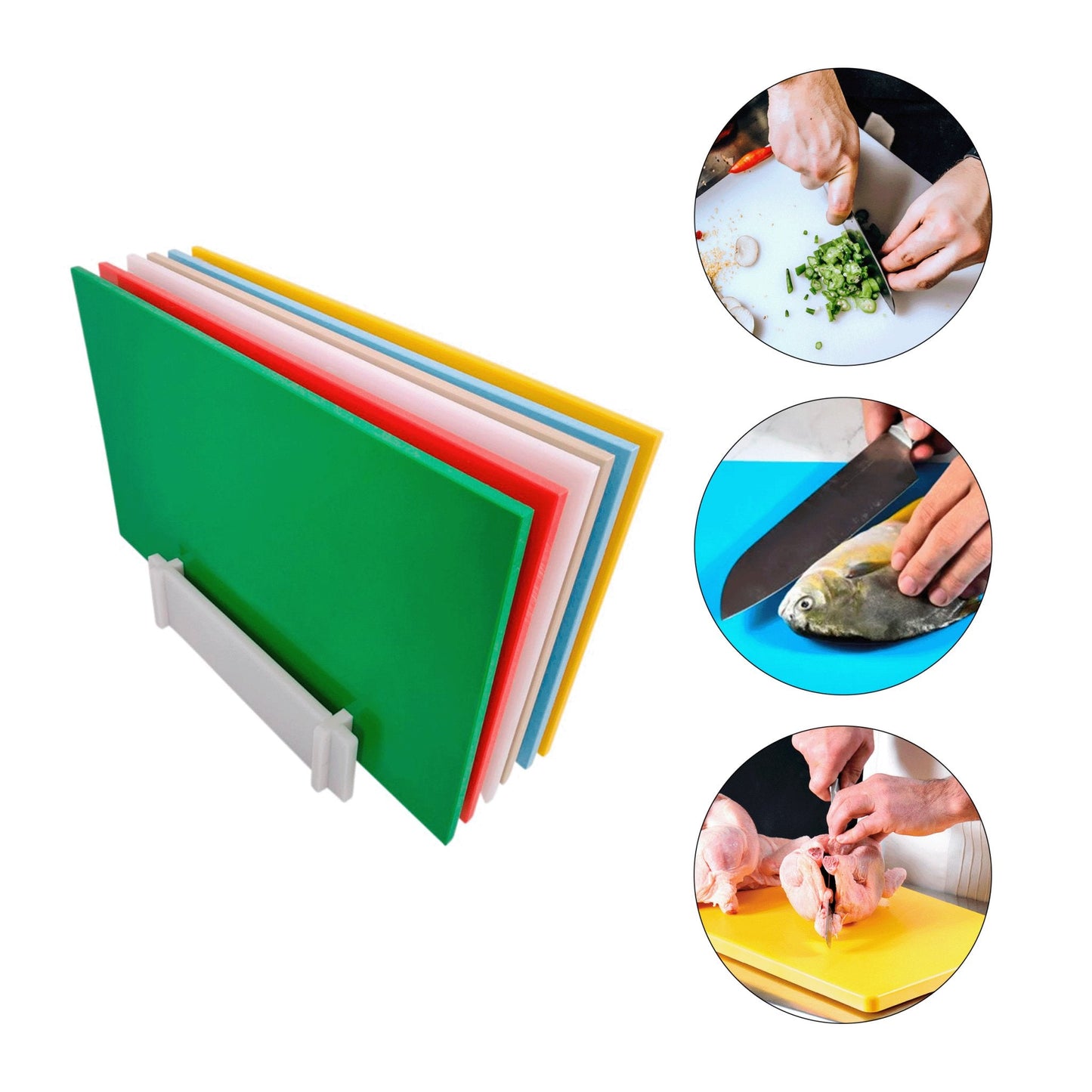 KIT DE 6 TÁBUAS DE CORTE LISAS - CORES ANVISA - 10mm X 30cm X 50cm - C/ SUPORTE - D5 Comércio