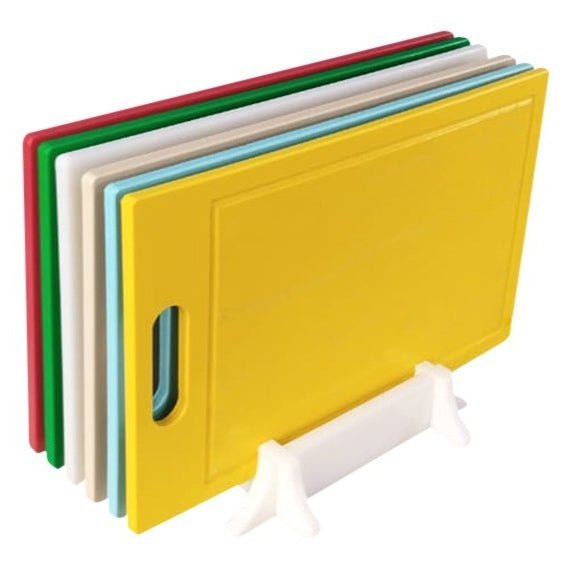 KIT DE 6 TÁBUAS DE CORTE MINI GOURMET - CORES ANVISA - 10mm X 24cm X 39cm - C/ SUPORTE - D5 Comércio