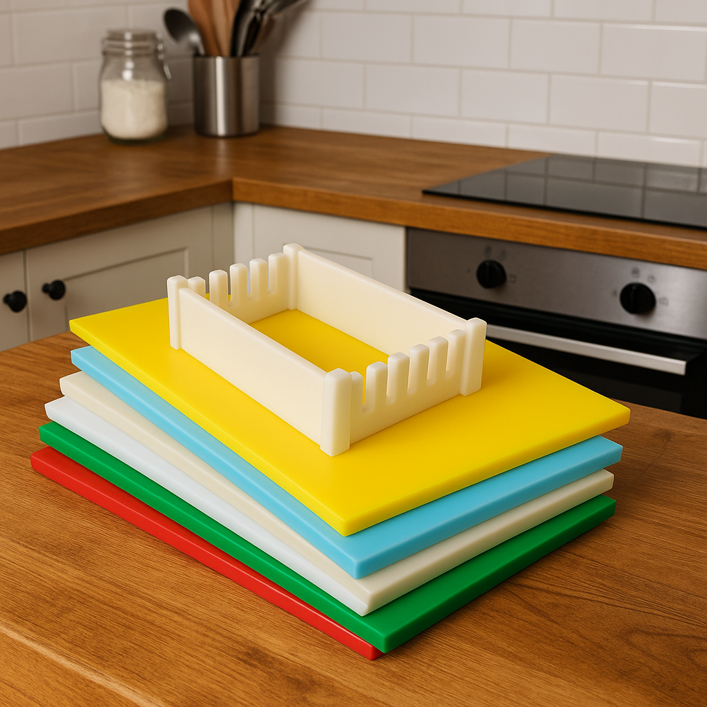 KIT DE 6 TÁBUAS DE CORTE LISAS - CORES ANVISA - 8mm X 30cm X 50cm - C/ SUPORTE